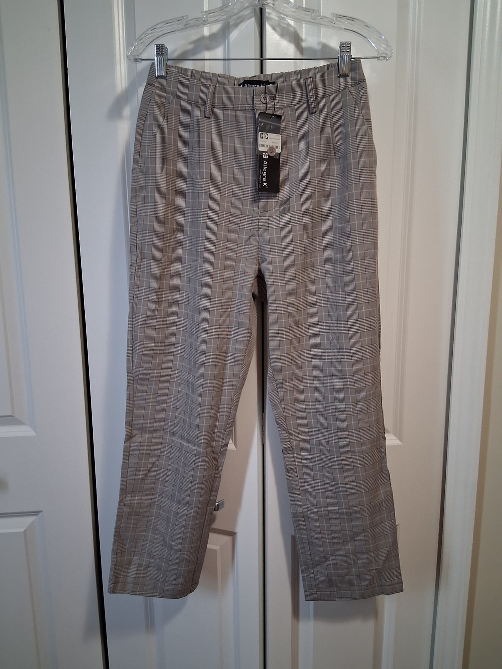 Allegra K Women's Plaid Straight-Leg Trousers in Gray and Tan